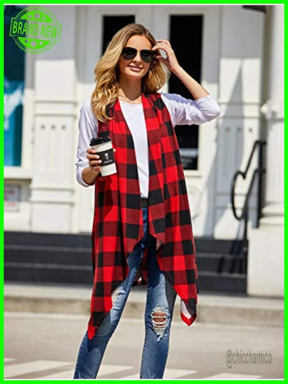 Sleeveless Duster Cardigan Plaid Open Front Vest Coat with Pockets Lightweight